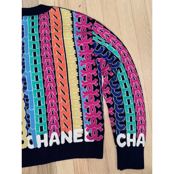 Chanel 21K Blue Rainbow Letter Logo CC Button Long Sleeve Cardigan Sweater 36 - Picture 11 of 15